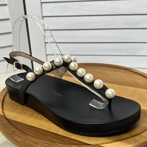 STUART WEITZMAN l Goldie Pearly Leather Flat Strap Sandal Black Leather Size 7 - Picture 3 of 15
